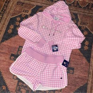 Pink champion gingham matching set hoodie shorts
